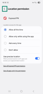Location permission window on Android for the ExpressVPN app. The back button is highlighted.
