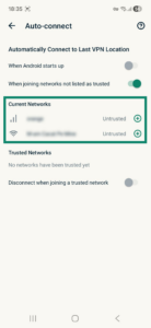 ExpressVPN app interface showing the Auto-connect tab on Android. The Current Networks list is highlighted.