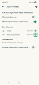 ExpressVPN app interface showing the Auto-connect tab on Android. The plus sign next to an untrusted network is highlighted.