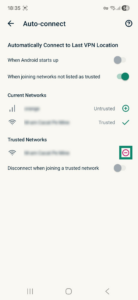ExpressVPN app interface showing the Auto-connect tab on Android. The minus sign next to a trusted network is highlighted.