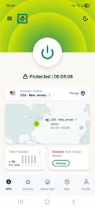 ExpressVPN app interface showing an active VPN connection on Android. The stopwatch button is highlighted.