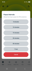 ExpressVPN app interface showing the Pause menu on Android.