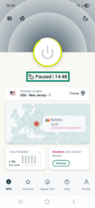 ExpressVPN app interface showing a paused VPN connection on Android. The Paused status and countdown timer are highlighted.