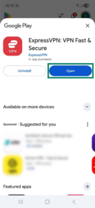 Google Play Store page for the ExpressVPN Android app. The Open button is highlighted