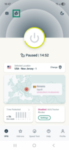 ExpressVPN app interface showing a paused VPN connection on Android. The stopwatch icon is highlighted.