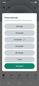 ExpressVPN app interface showing the Pause menu on Android, with one pause interval selected.