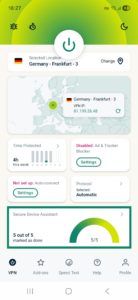 ExpressVPN app interface showing an active VPN connection screen on Android. The Secure Device Assistant widget is highlighted.