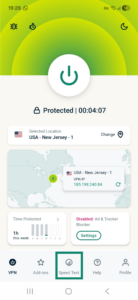 ExpressVPN app interface showing an active connection screen on Android. The Speed Test tab is highlighted.