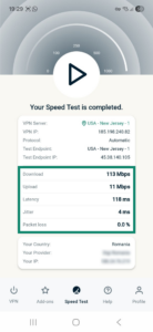 ExpressVPN app interface showing the Speed Test tab on Android. The speed test results are highlighted.