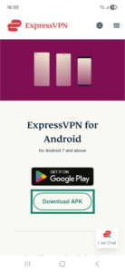 ExpressVPN Android app download page in a web browser on Android. The Download APK button is highlighted.