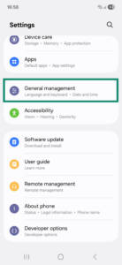 Settings app on Android. The General management option is highlighted.