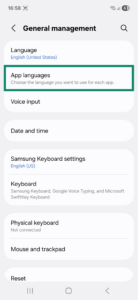 General management window on Android. The App languages option is highlighted.