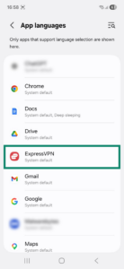 App languages window on Android. The ExpressVPN app is highlighted.