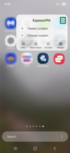 Shortcut menu for the ExpressVPN app on Android. The information icon is highlighted.