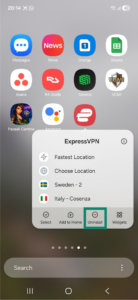 Android home screen showing the app icon settings for ExpressVPN. The Uninstall option is highlighted.