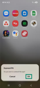 Android uninstallation confirmation window for the ExpressVPN app. The OK button is highlighted.