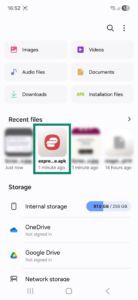My Files app on an Android. The ExpressVPN APK app located in the Recent files tab is highlighted.