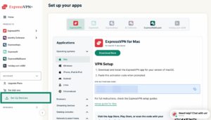 ExpressVPN+ portal setup page with Set Up Devices highlighted in the left menu.