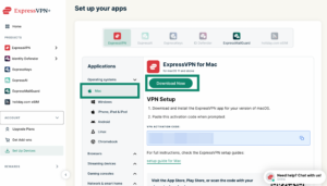 Set up your apps section in the ExpressVPN+ portal with the Download Now button highlighted for Mac.