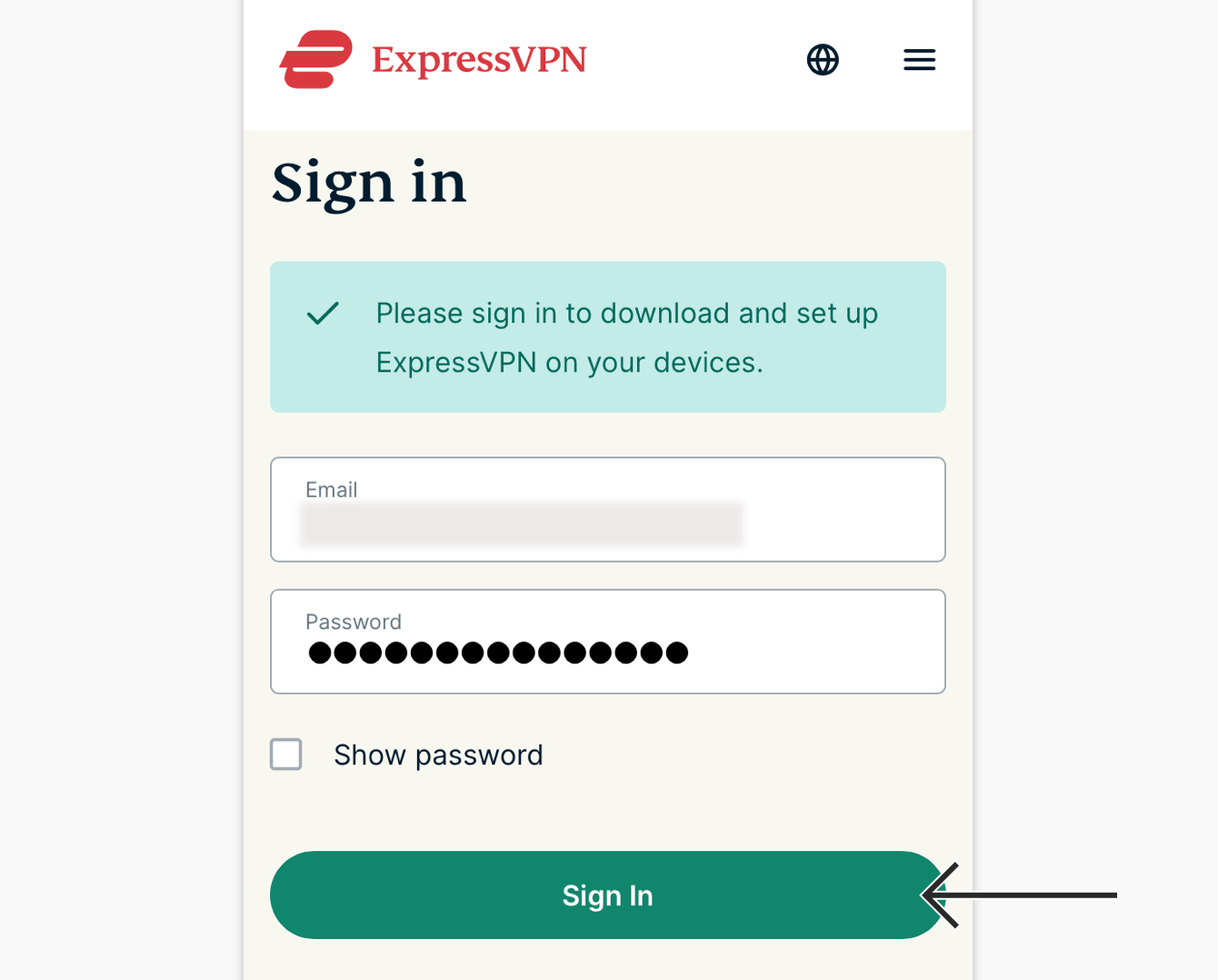 Enter your ExpressVPN credentials, then tap "Sign In."