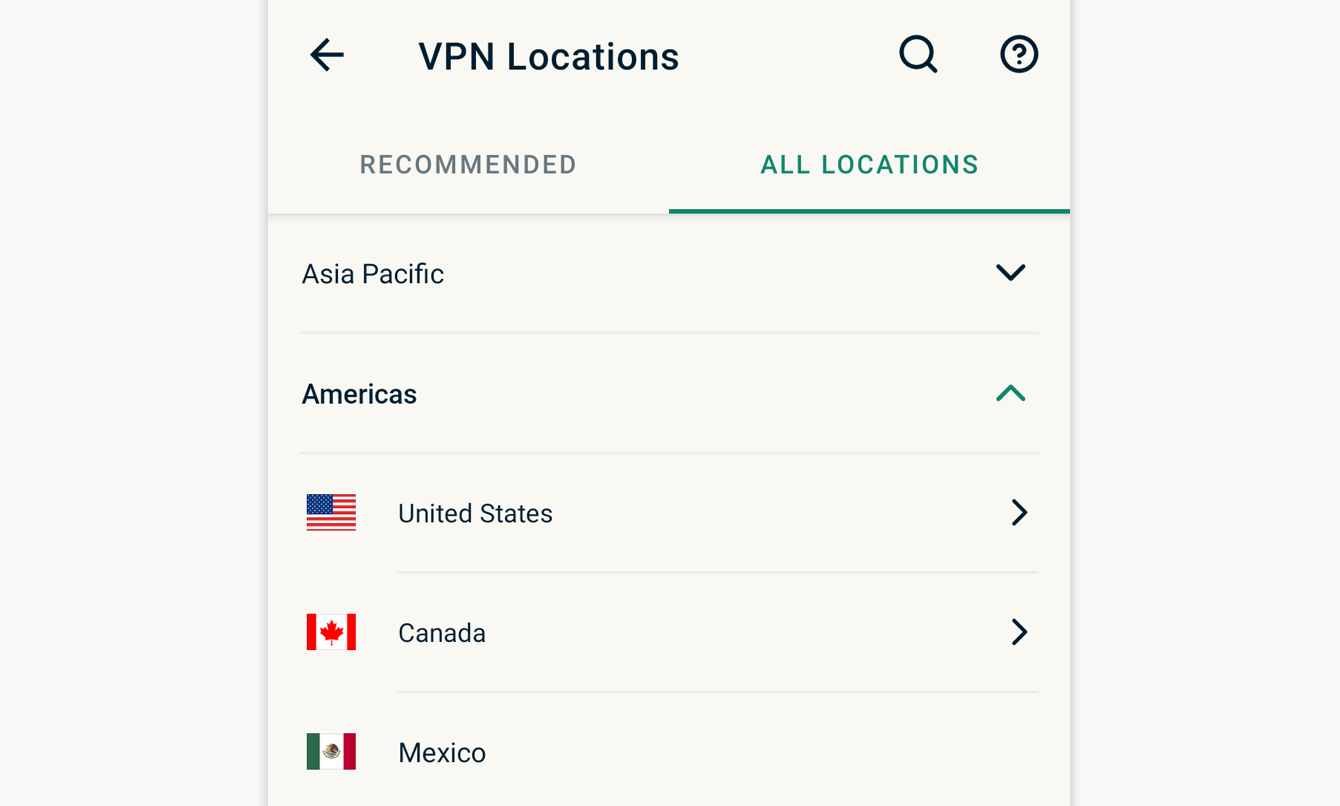 The "ALL LOCATIONS" tab lists VPN server locations by region.