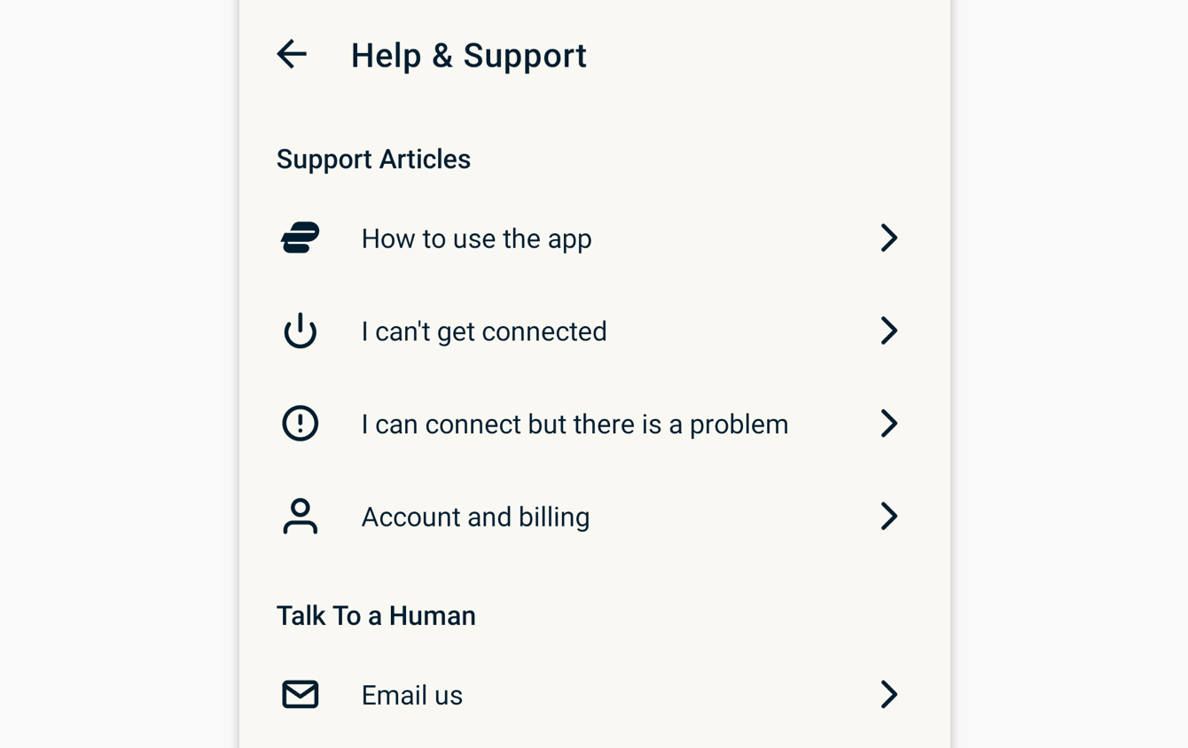 Tap a category to select an in-app support article.