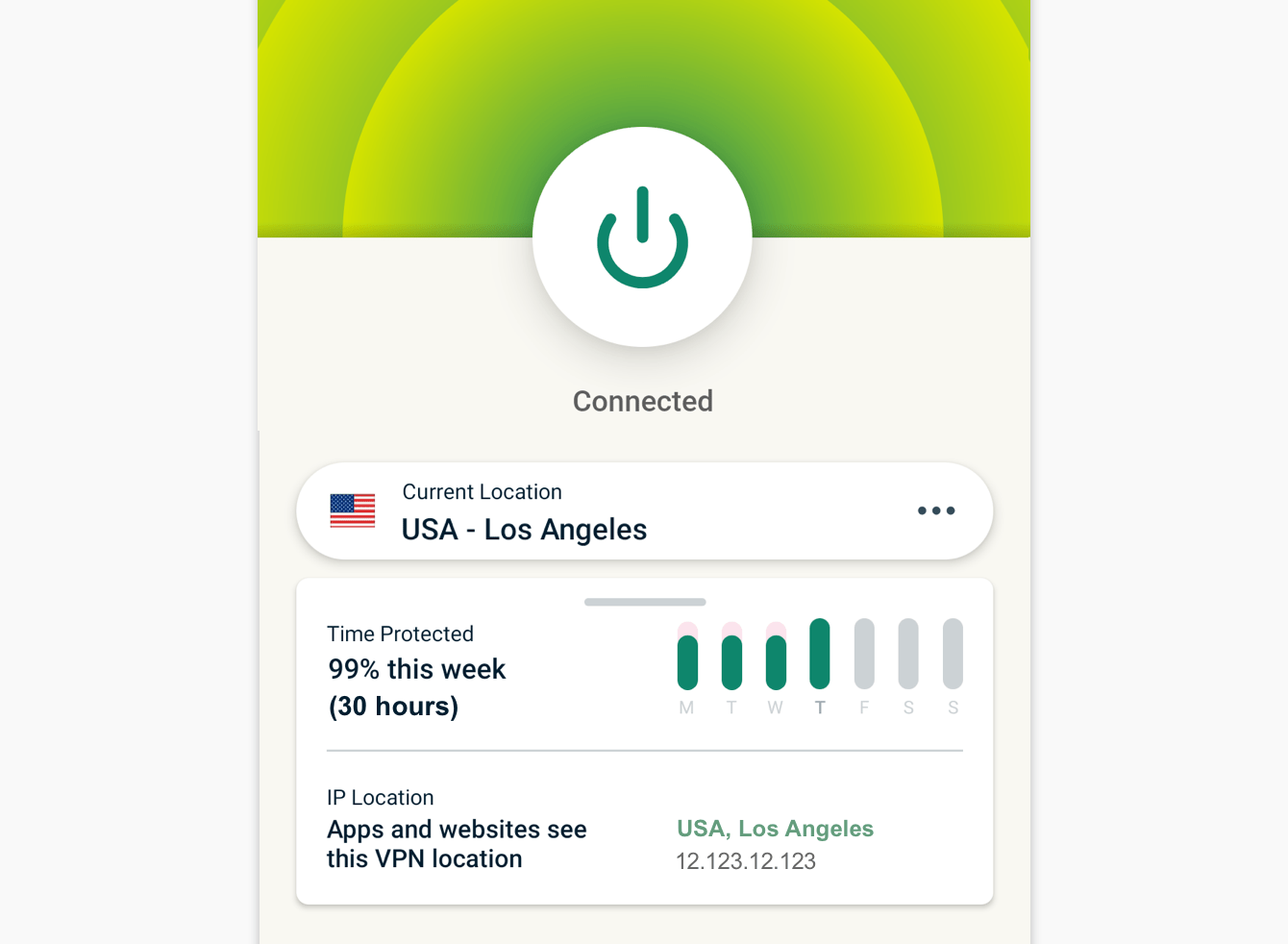 Protection Summary shows a weekly overview of how long you were connected to the VPN. 
