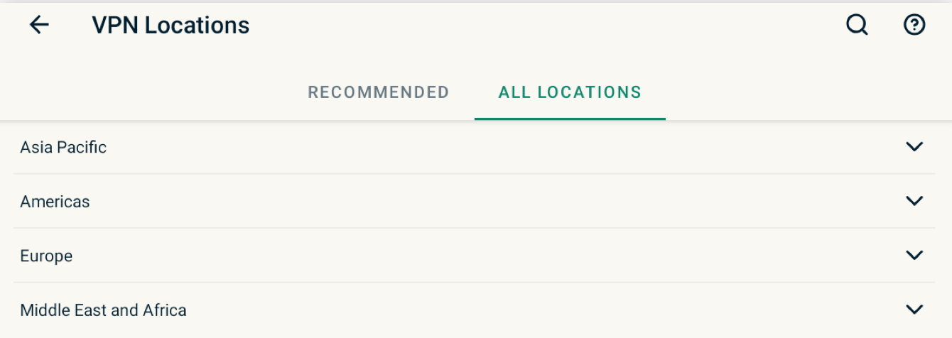 The “ALL LOCATIONS” tab lists the VPN server locations by region.