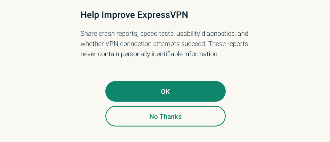 Select your preference for helping improve ExpressVPN. 