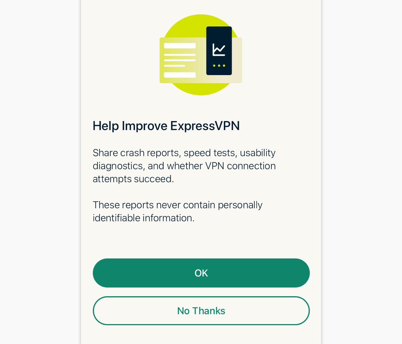 Wählen Sie die bevorzugte Einstellung, um zur Verbesserung von ExpressVPN beizutragen.