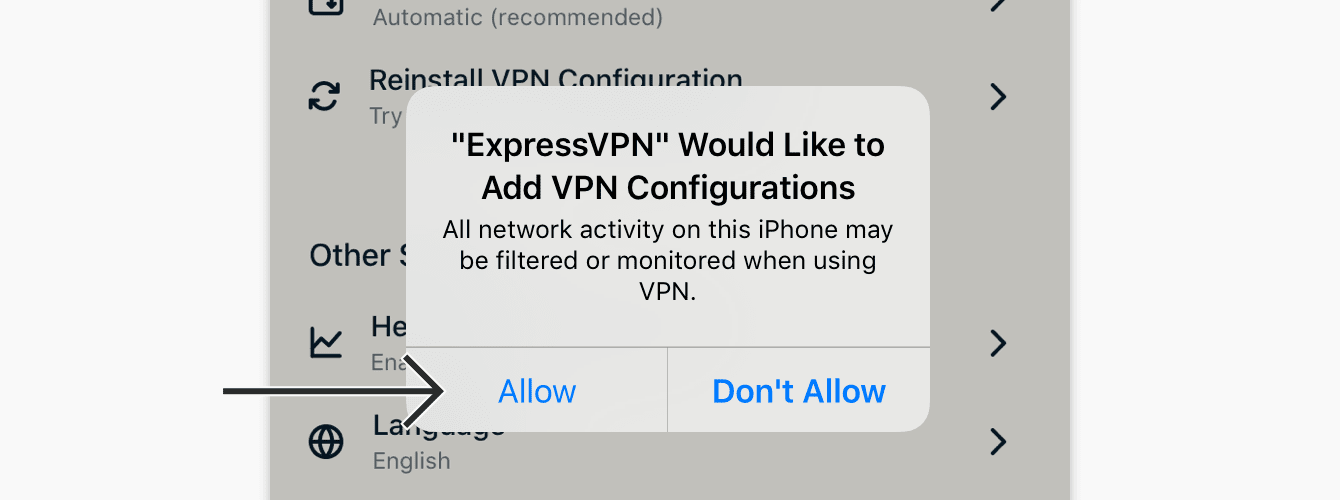 When prompted to add VPN configurations, tap "Allow."