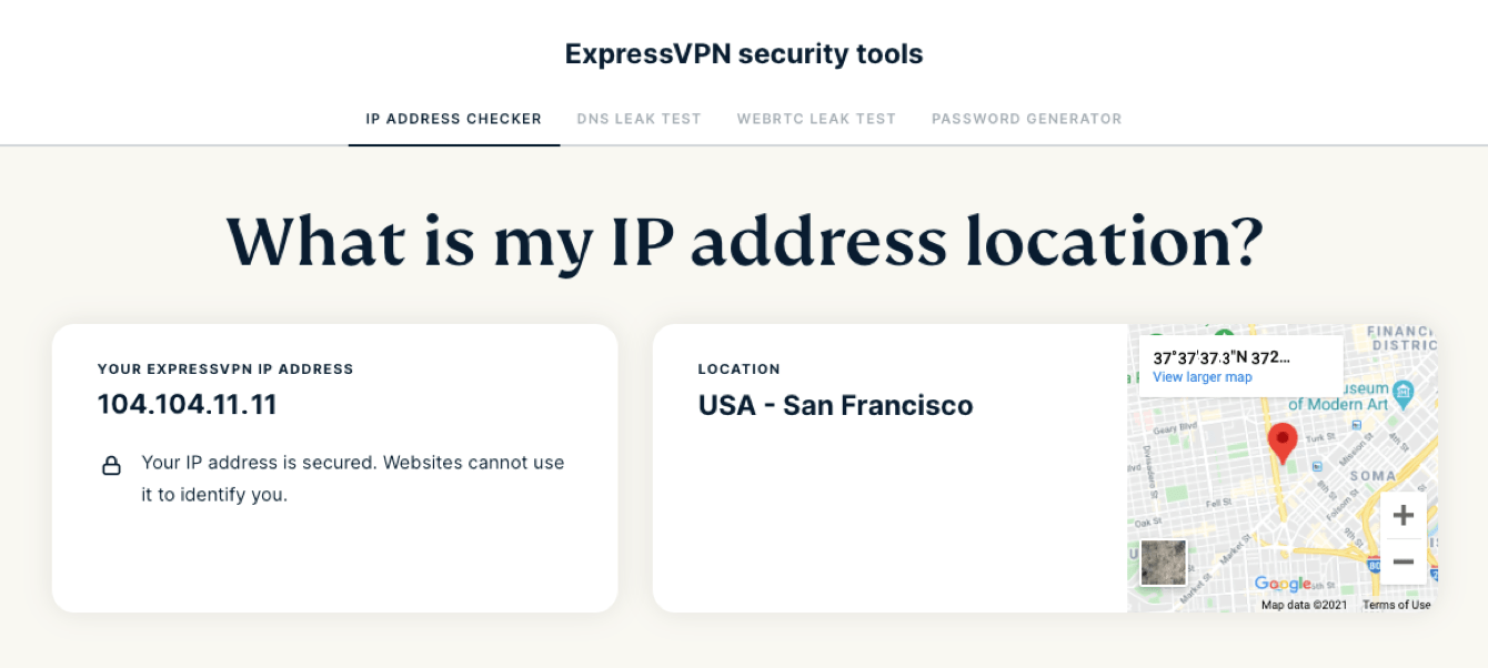 Você pode usar o verificador de endereço IP da ExpressVPN para confirmar se está conectado corretamente à VPN.