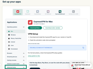 The "Set up your apps" page in ExpressVPN+, with a highlighted "Advanced setup" option at the bottom.