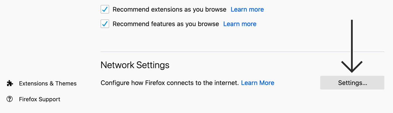 Connection settings in Firefox