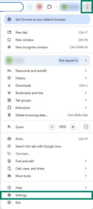 Google Chrome's main menu on Windows 11, with the three dots and "Settings" option highlighted.