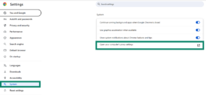 Chrome's Settings on WIndows, showing the "System" tab and the "Open your computer's proxy settings" highlighted.