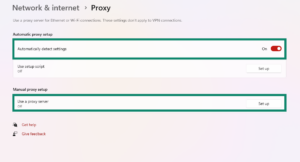 The Proxy windows in the "Network & internet" settings on Windows 11, highlighting the "Automatically detect settings" and "Use a proxy server" options.