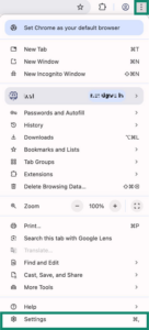 Google Chrome's main menu on macOS, with the three dots and "Settings" option highlighted.