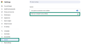 Chrome's Settings on macOS showing the "System" tab and the "Open your computer's proxy settings" highlighted.
