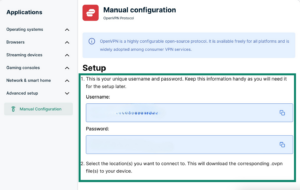 ExpressVPN+ Manual Configuration setup with OpenVPN Username and Password highlighted.