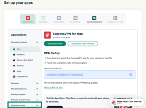 The "Set up your apps" page in ExpressVPN+, with a highlighted "Advanced setup" option at the bottom.
