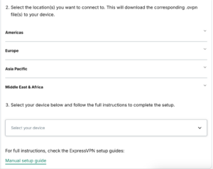 The available regions for manual configurations in ExpressVPN+.