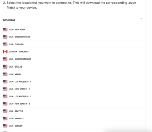 The Americas section in the available regions in the ExpressVPN+ portal, showing a list of available locations from that region.