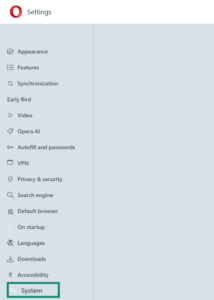 Opera Settings menu with System button highlighted