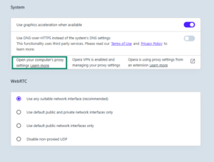 Opera System screen showing computer proxy settings