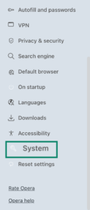 Opera's system option in the Settings menu