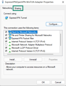 The Sharing tab of the ExpressVPNOpenVPN WinTUN Adapter Properties window, with a green box highlighting the checked box for "Allow other network users to connect through this computer's Internet connection."