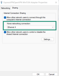 The Sharing tab of the ExpressVPNOpenVPN WinTUN Adapter Properties window, with a green box highlighting the Home networking connection dropdown menu.