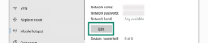 Windows mobile hotspot network settings, with a green highlight on the Edit button.