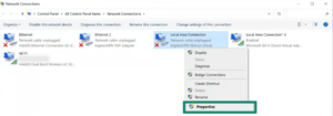 The Windows Network Connections window with a green box highlighting the Properties option in the right-click menu of the ExpressVPN Wintun Driver network adapter.